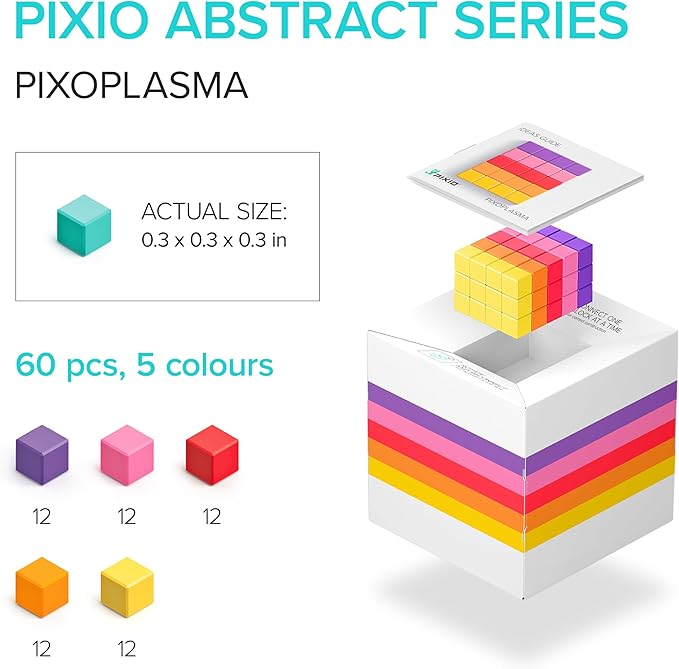 PIXIO Mini Magnetic Blocks Building Toy in The Pixel Art Style with Free App - 5/16 Plastic Cubes with Magnets Inside - Open Ended Toy - Creativity Toy for Ages 6+ PIXOPLASMA - 60pcs