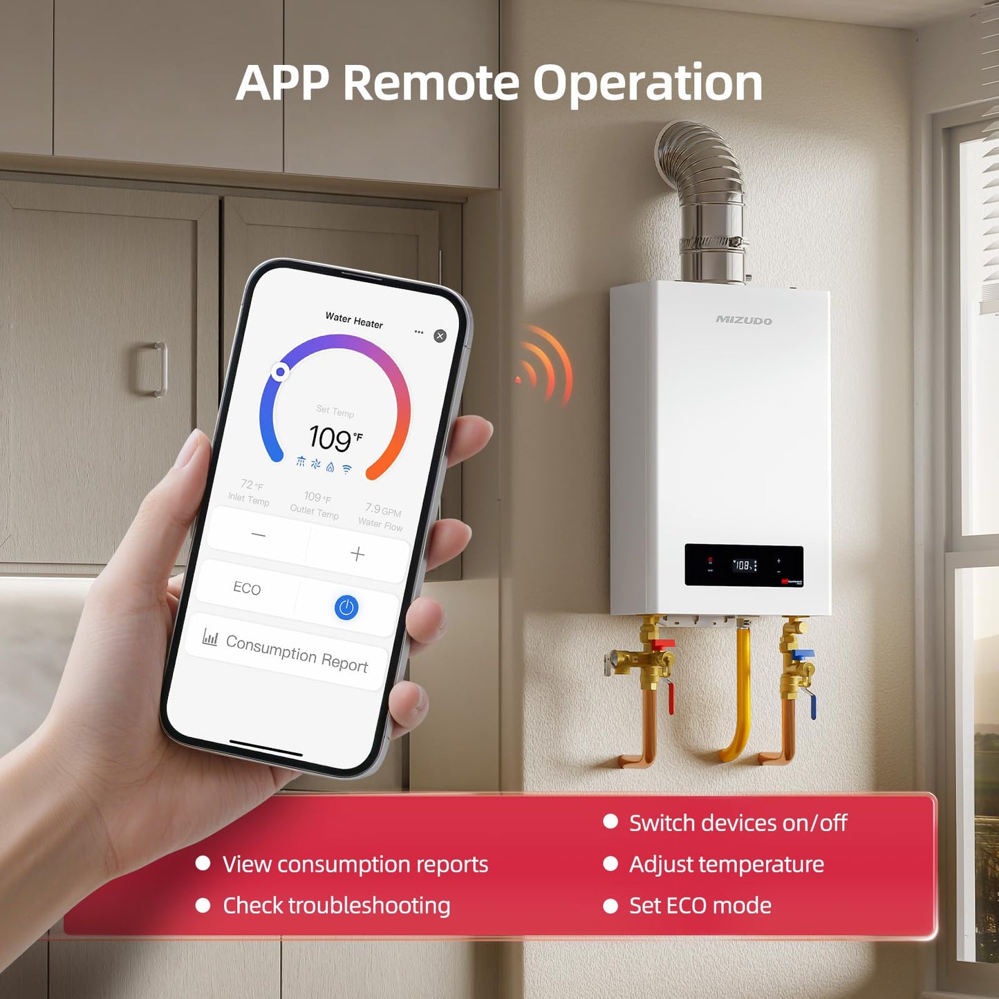 MIZUDO 180k Tankless Water Heater Propane Indoor Installation, Max 7.9 GPM, 180,000 BTU, WiFi&APP Control CSA Certified Non Condensing High Efficiency for Large Families Residential Whole House