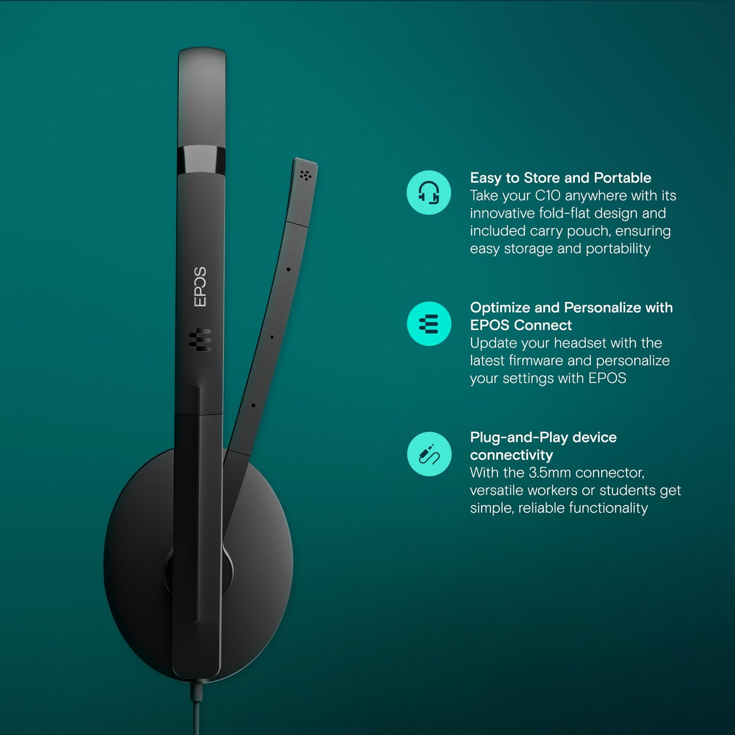 EPOS I SENNHEISER C10 USB Headset with Microphone | Wired Headphones with Simple and Flexible USB C Connection and EPOS BrainAdapt™ Technology ,Black