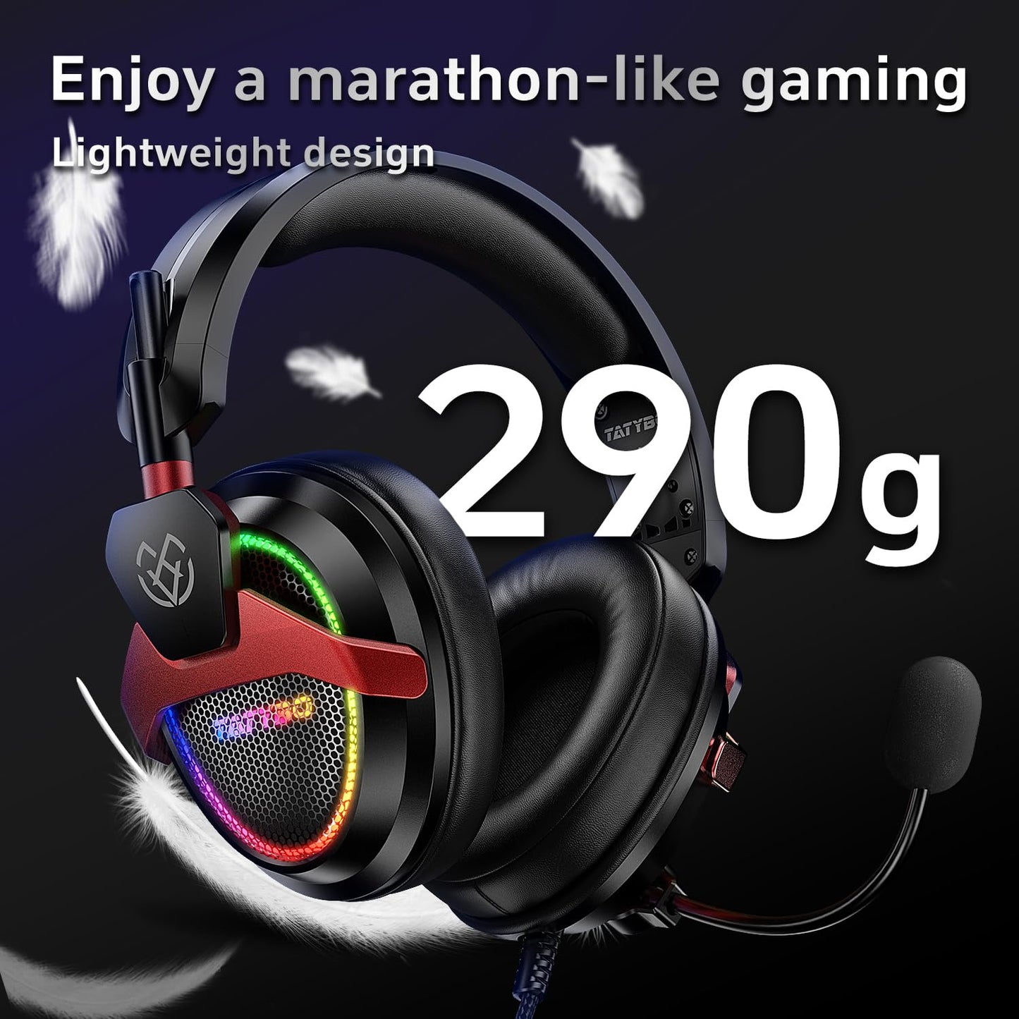 Tatybo PC Gaming Headset with Mic for PS5 PS4 Xbox, USB Headset with 7.1 Surround Sound, Wired 3.5mm Headphones, RGB