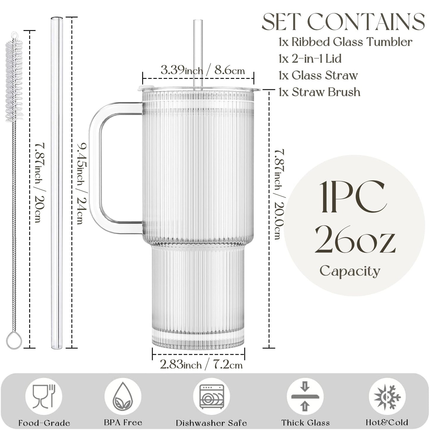 KEMORELA Large 26oz Clear Glass Mug with Handle and Sliding Lid – Aesthetic Ribbed Tumbler for Iced Coffee, Smoothies & Hot Drinks – Reusable Travel Cup with Straw, Dishwasher Safe (Ribbed Tumbler)