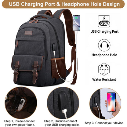 Mactso Canvas Travel Laptop Backpack for Men Women, Business Work Rucksack College Computer Bag Fits 17.3 Inch Notebook,Bookbag with USB Charging Port (Black, 17.3 Inch)