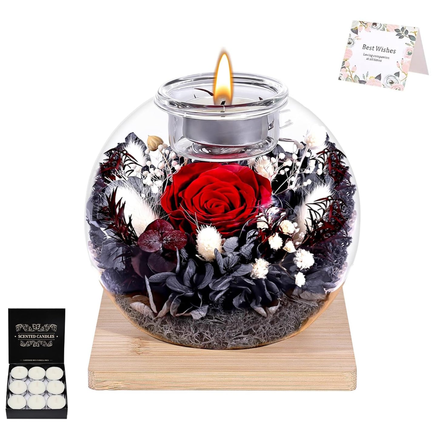Forever Flowers Scented Candle in Glass Dome, Long-Lasting Aroma Home Decor, Unique Gift for Women Mom Girlfriend Wife, Ideal for Birthday Mother's Day Valentine's Day Christmas（Black Red）