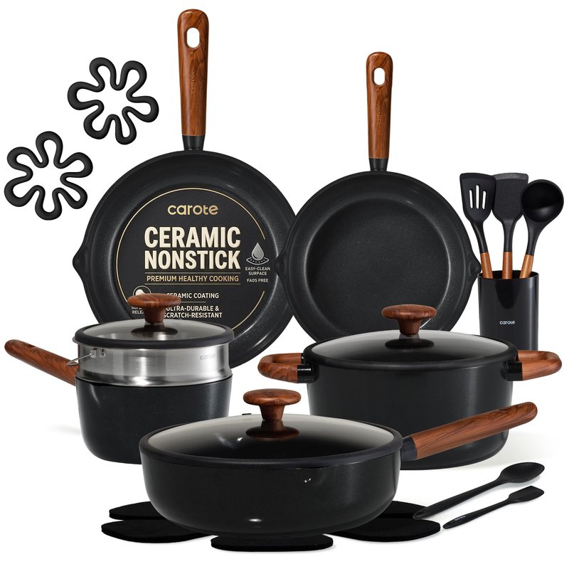 CAROTE 21pcs Cookware Set Nonstick Pots and Pans Set, Ceramic Cookware Set Induction Cookware, Non toxic Healthy Non Stick Kitchen Cooking Set, PFAS PTFE Free, Black