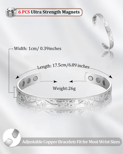 BioMag 2 Pcs Magnetic Copper Bracelet for Women, 99.99% Pure Copper Cuff Bangle with 6 Pcs 3500 Gauss Magnets, Adjustable Size, Floral Vine Design