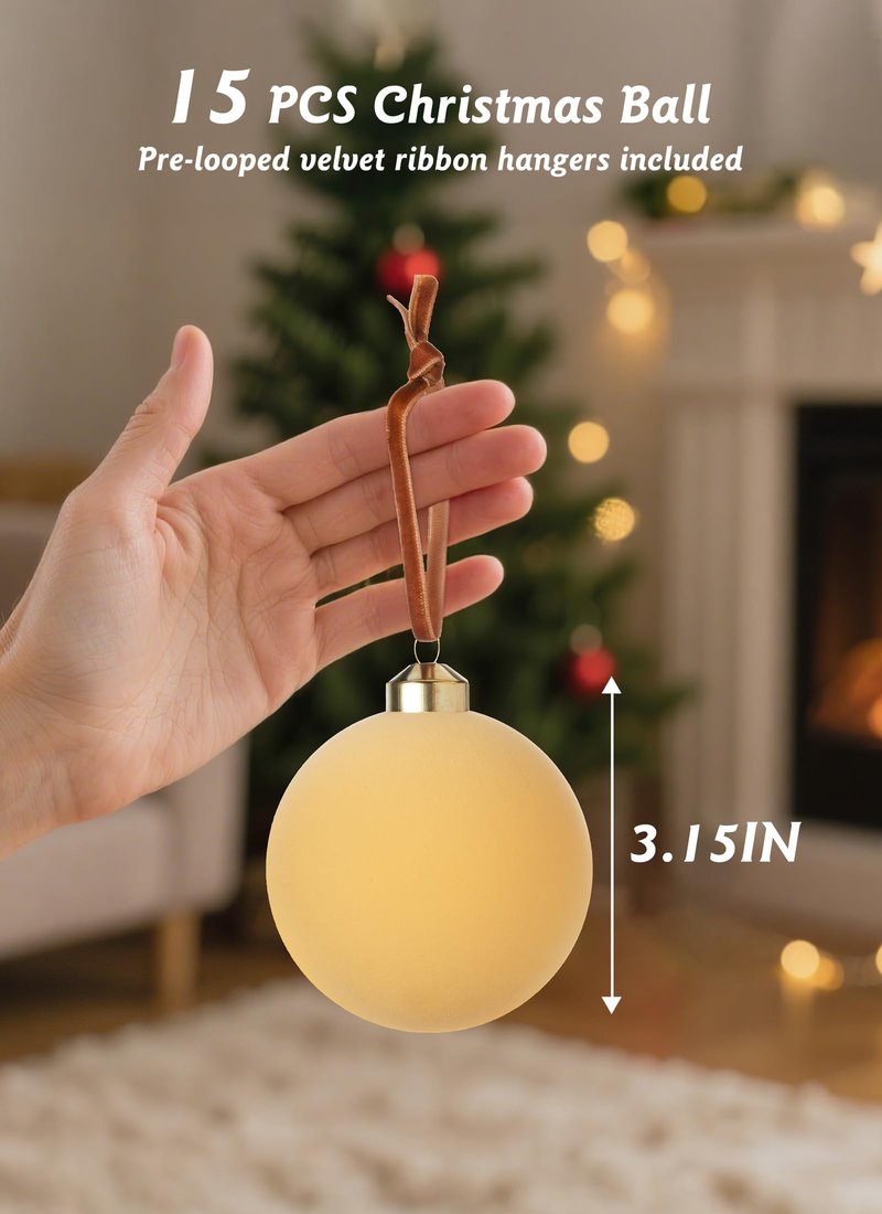 Brightown 15 Pcs Beige Velvet Christmas Balls, 3.15 Inch Velvet Ornaments for Christmas Tree, Christma Tree Flocked Ornaments Balls for Family Holiday Wedding Party Xmas Hanging Decoration