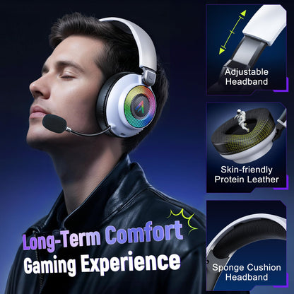 Wireless Gaming Headset for Ps5 Ps4 - 2.4GHz, Bluetooth, Wired, 7.1 Surround Sound, Noise Cancelling Mic, RGB Lights, 40H+ Battery, Lossless Audio, Comfy Over Ear Headphones for PC, Switch, Xbox, Mac
