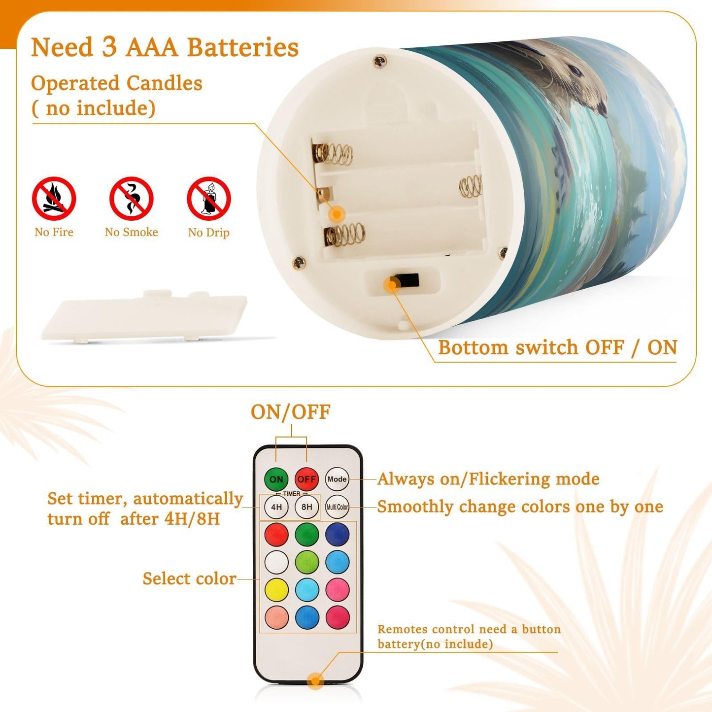 ALAZA Cute Otter Water Flameless Candles, LED Pillar Candles with Remote Timer, Battery Operated Candles Set of 2