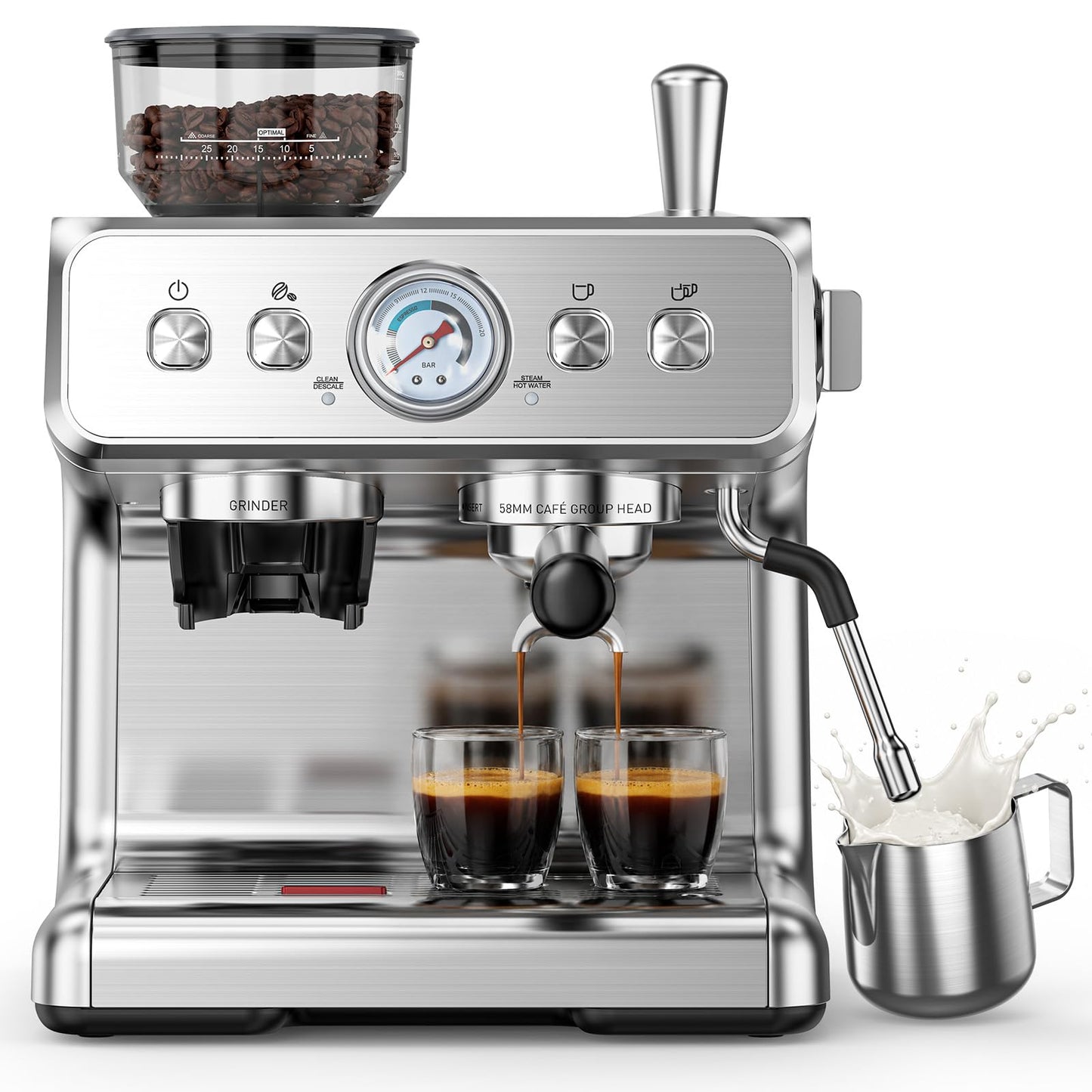(2026 Upgrade)Electactic Espresso Machine with Grinder, 20 Bar Expresso Coffee Machines, Professional Coffee Maker for Latte & Cappuccino with Milk Frother&Steam Wand,Expresso Machines for Home-Silver