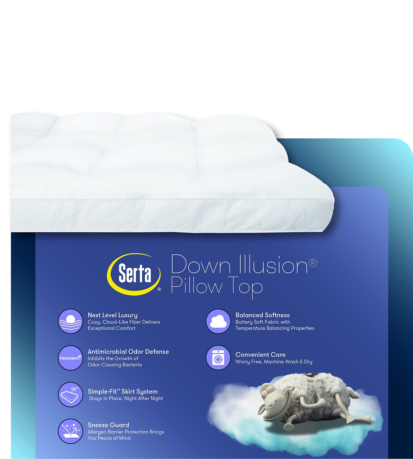 Serta Down Illusion Soft Hypoallergenic 2 inch Pillowtop Simple Fit Mattress Topper, Queen, White