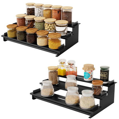 5 Tier Spice Rack for Cabinet, 2 Pack Spice Organizer, Metal Step Shelf Countertop Spice Rack for Inside Cabinets, Kitchen, Black