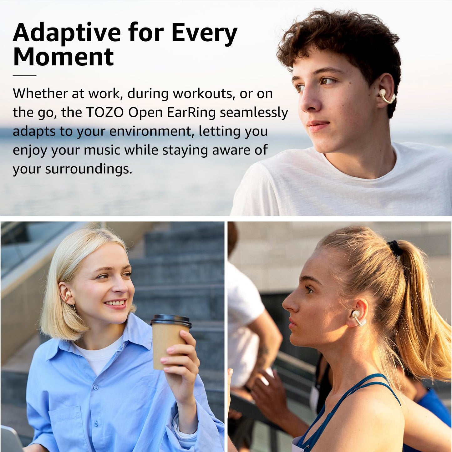 TOZO OpenEarRing True Open Ear Earbuds, Lightweight Comfort Open Ear Clip Wireless Earbuds, 40H Play Bluetooth 5.4 Headphones with Smart Digital Display Design Fit Sports Running, Workout Khaki