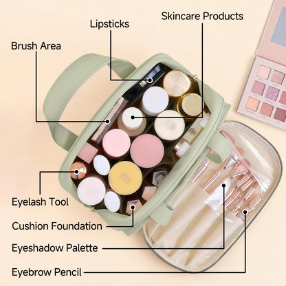 VISSUX Travel Makeup Bag for Women, Waterproof PU Leather Cosmetic Organizer with Handle, Large Capacity Toiletry Bag with Wide-Open & Multiple Compartments for Travel Accessories & Essentials (GREEN)