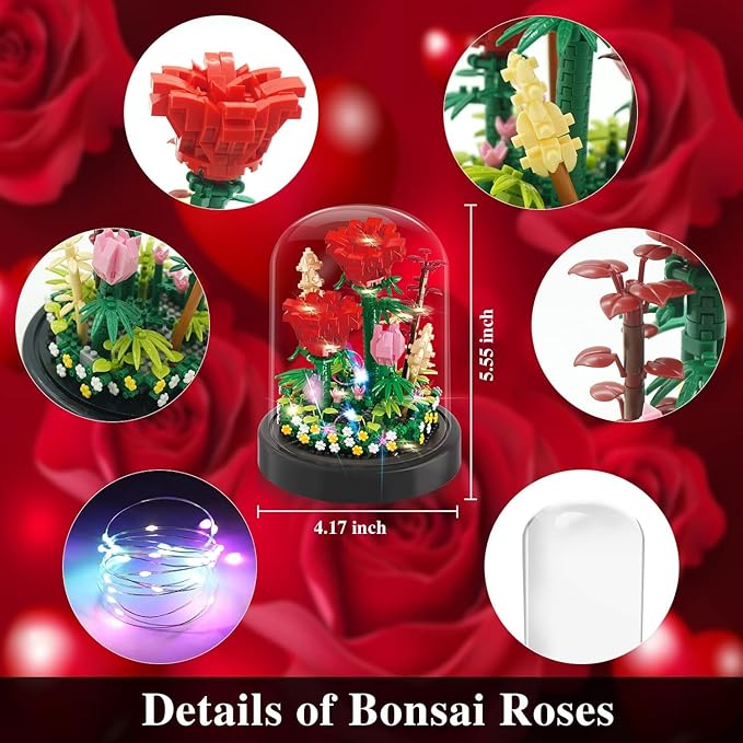 2 Flowers Bouquet Sunflowers - Rose Building Kit Creative Bonsai Tree Succulents Plant Blocks with LED Light Botanical Collection Home Office Decor Ideal Gift for Lover Adult