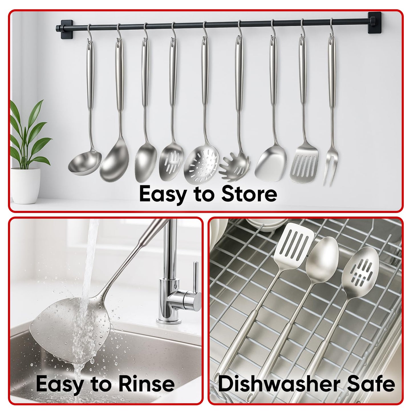 5 Pcs Newness Cooking Utensils Set, 304 Stainless Steel Kitchen Utensils Set, Metal Kitchen Accessories, Include Soup Ladle, Slotted Skimmer Spoon, Spaghetti Spoon and Spatula, Dishwasher Safe