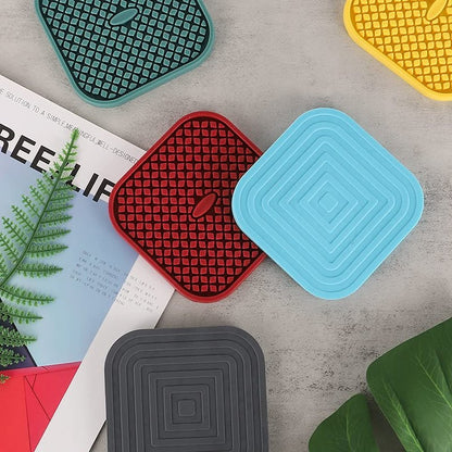 ME.FAN Silicone Coasters with Holder [6 Pack] Square Drink Cup Mat - Non-Slip, Non-stick, Stay Put, Deep Tray - Prevents Furniture and Tabletop Damages Nave Blue