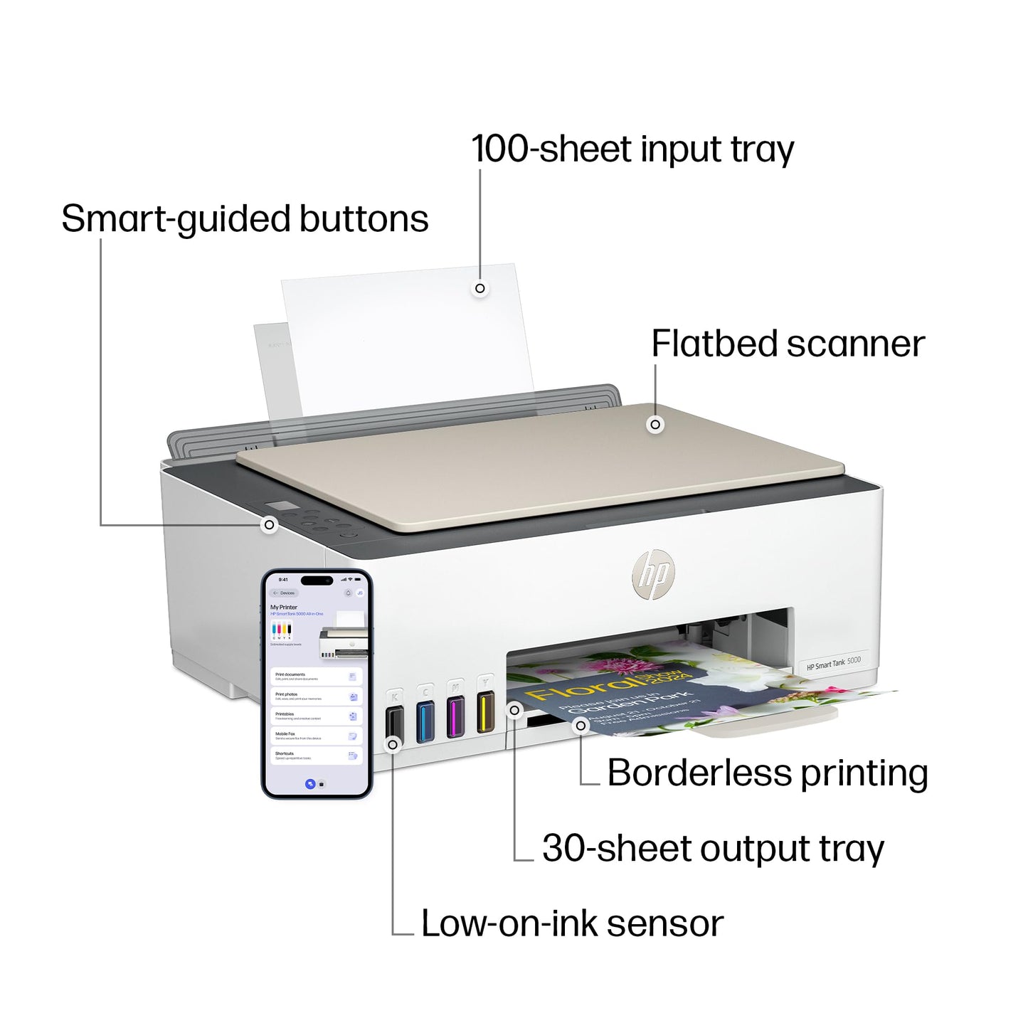 HP Smart Tank 5000 Wireless All-in-One Ink Tank Printer, Scanner, Copier with 2 Years of Ink Included, Best-for-Home, Cartridge-Free, Refillable and AI-Enabled. (5D1B6A)