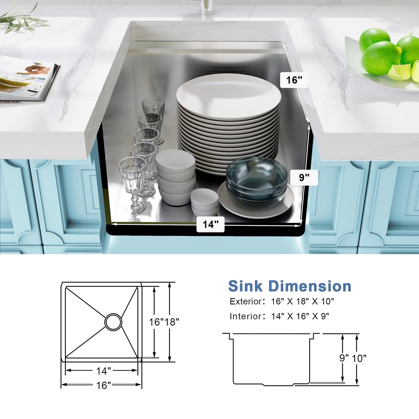 Lonsince Bar Sink Undermount 16 X 18 inch,16 Gauge Stainless Steel Bar Sink Offset Drain Design,Outdoor Small RV Sinks,Wet Bar Prep Sink with Workstatin (16" X 18")