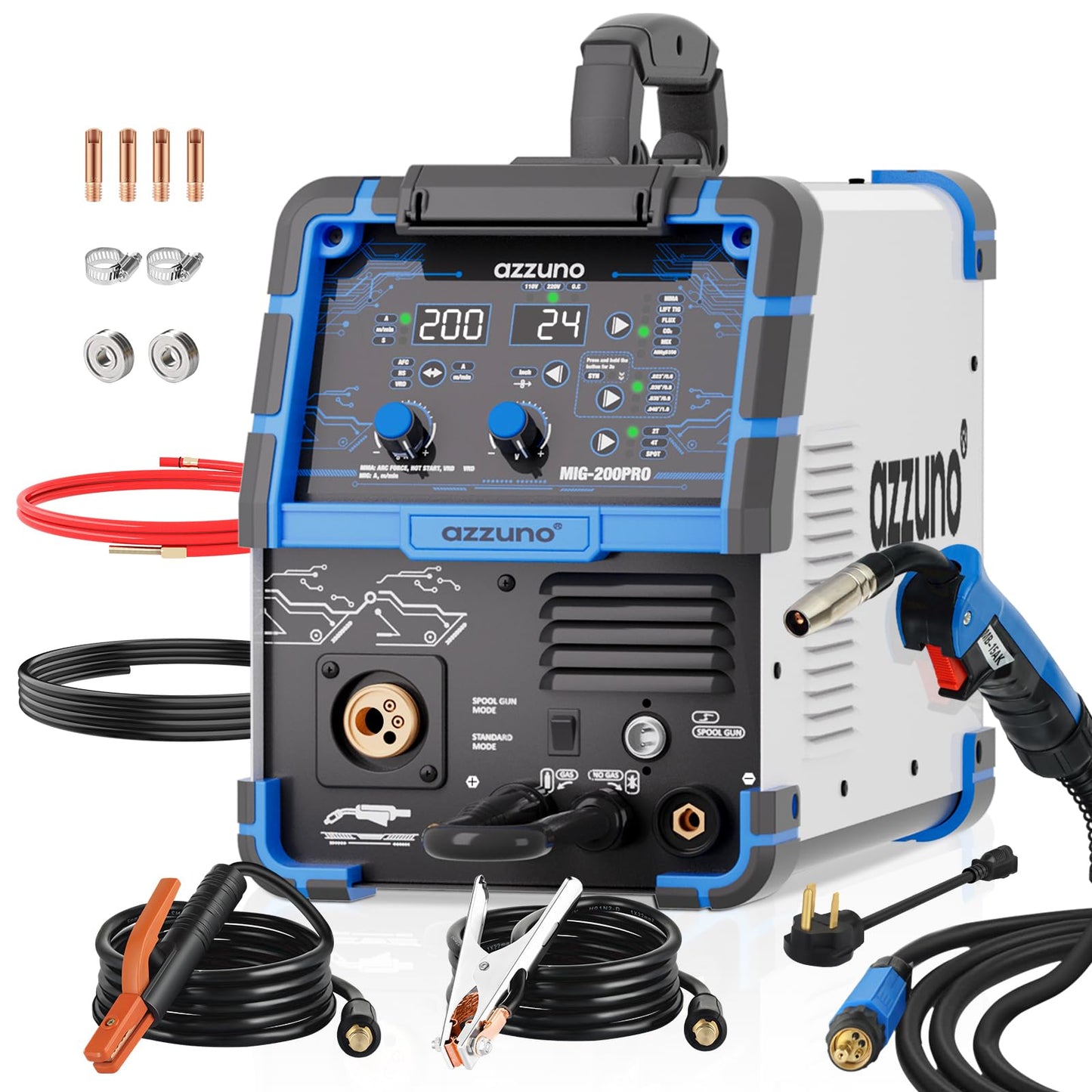 AZZUNO MIG Welder 110V/220V+Spool Gun, 200A 8 in 1 Welder Machine Flux Core MIG/Gas MIG/MAG/Aluminum MIG/Spot MIG/Lift TIG/Stick Welding/Spool Gun Compatible, Multiprocess Welding Machine