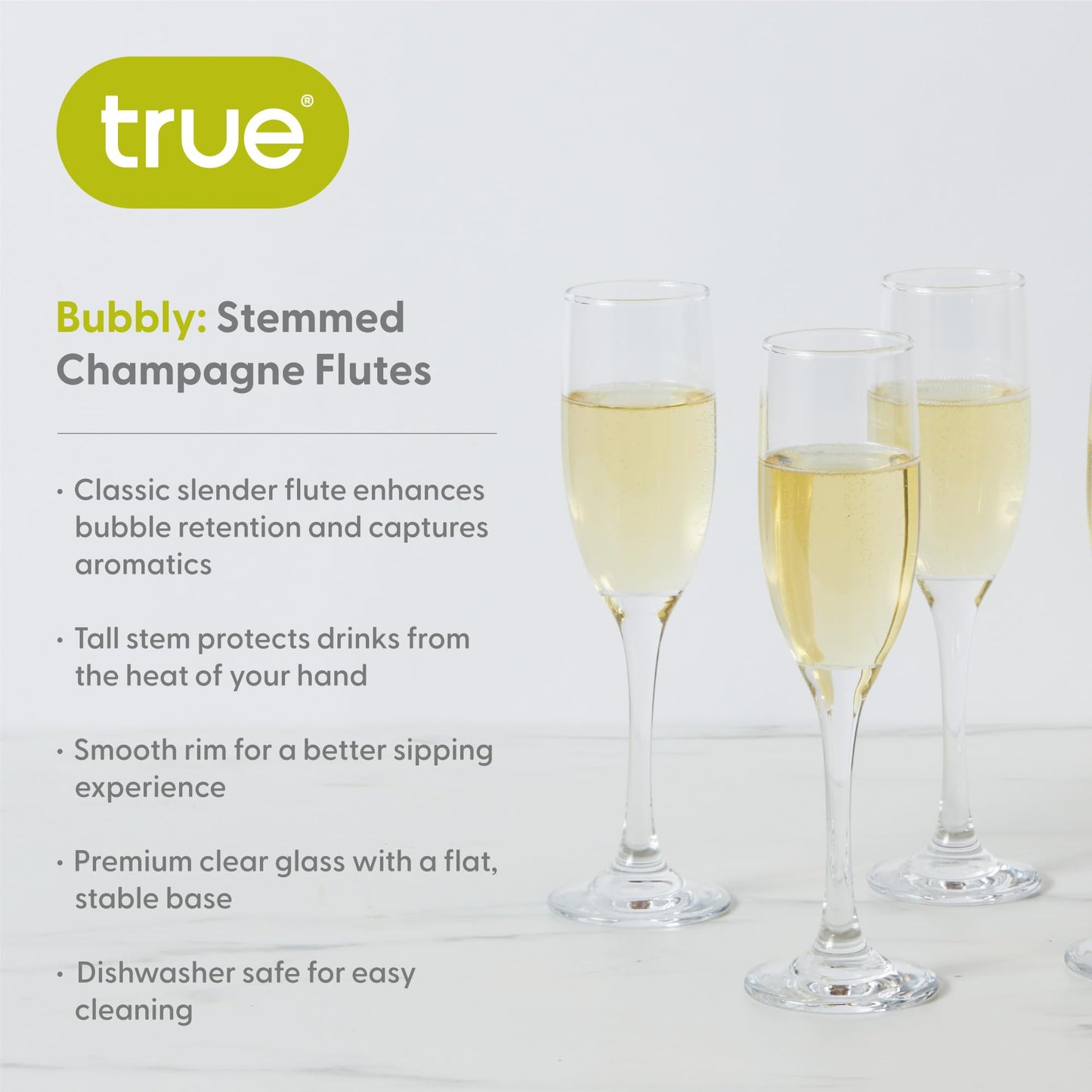 TRUE Stemmed Champagne Flutes, Elegant Clear Champagne Glasses Gift Set, Perfect for Prosecco, Sparkling Rose, Mocktails, Home Bar, Housewarming Party, Wedding Gifts, 5.75 oz, Set of 6