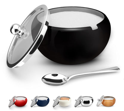 KooK Sugar Bowl, Sugar Bowl with Lid and Spoon, Sugar Container with Lid, for Salt, Coffee, Holds 2 Cups, Dishwasher Safe, Matte Black, 16 Oz