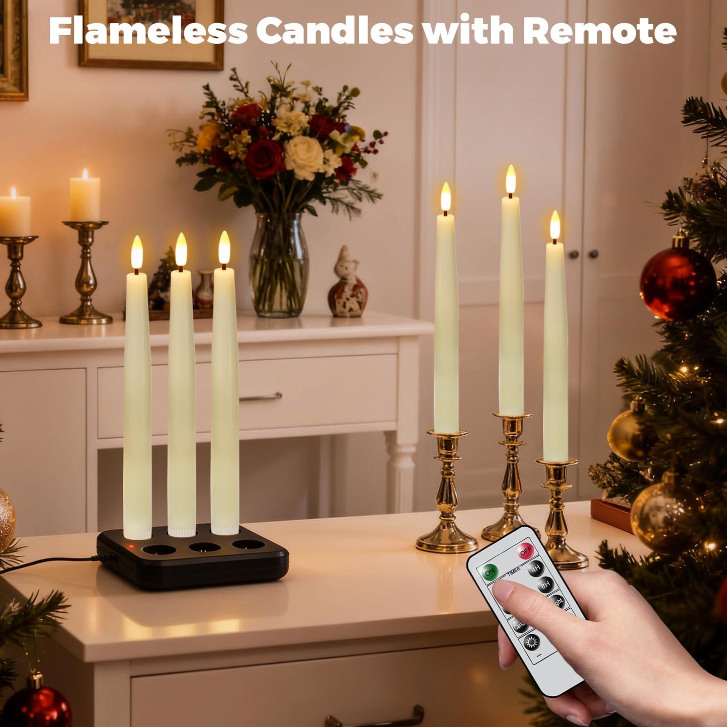 Wondise Rechargeable Flameless Taper Candles, Battery Operated Candles with Remote&Timer, Real Wax LED Candlesticks 3D Wick Flickering for Home Wedding Christmas Decor