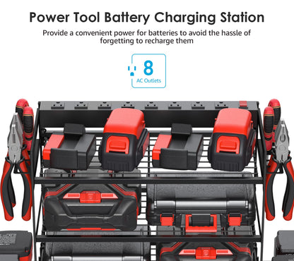 CCCEI Garage Tools Storage with Charging Station. Power Tool Battery Organizer Utility Shelf with Power Strip. 4 Drills Holder Wall Mount Rack, Black 4 Layer.