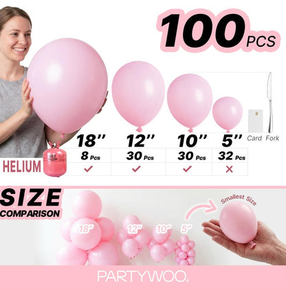 PartyWoo Baby Pink Balloons 100 pcs Different Sizes of 18 12 10 5 Inch Pastel Pale Light Pink Balloons Arch Kit Garland for Baby Shower Gender Reveal Birthday Princess Party Decorations Pink-Q05