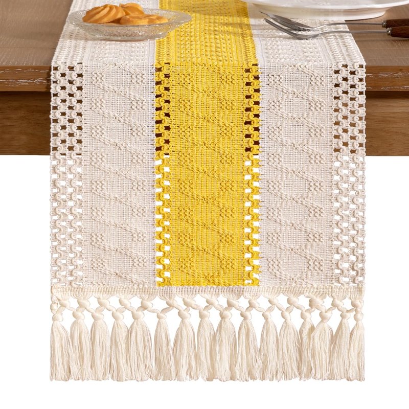 Socomi Boho Table Runner Macrame Summer Farmhouse Woven Cotton Linen Rustic Coffee Table Runner with Tassels for Dresser Scarf Home Decor Dining Room 12x90 inYellow Gold Ivory