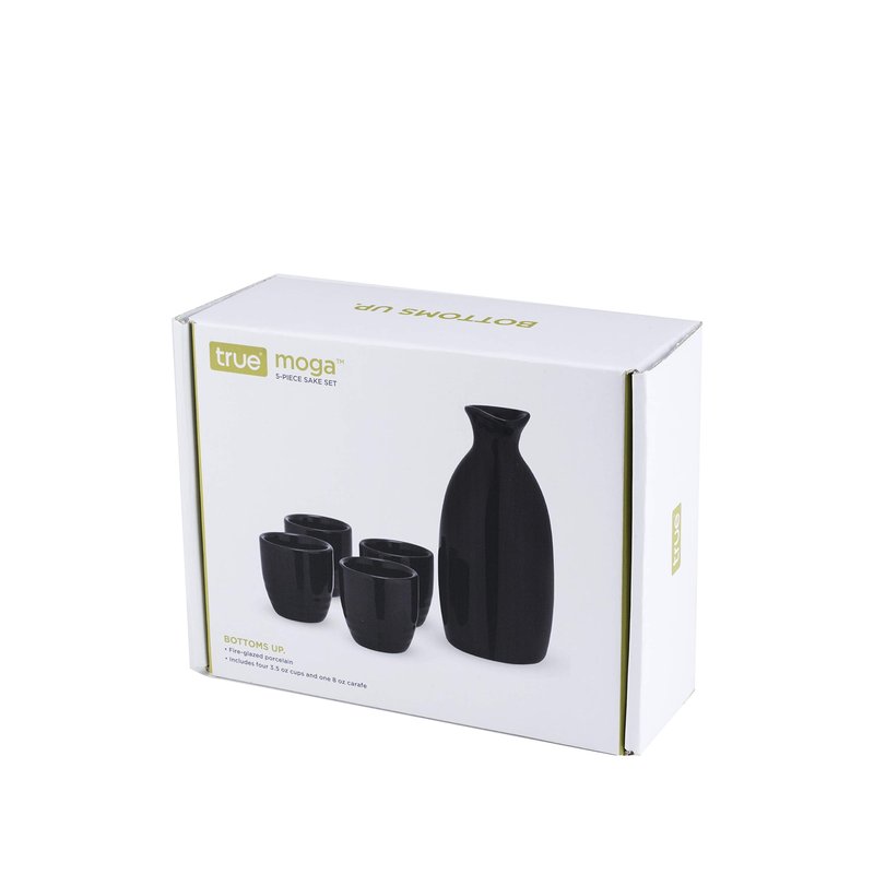 True Moga Sake Set, Pitcher and tumbler set for Sake, Japanese Style Sake Stoneware, Four 3.5 oz Cups and one 8 oz. Carafe, Fire glazed Porcelain, Set of 5, Black