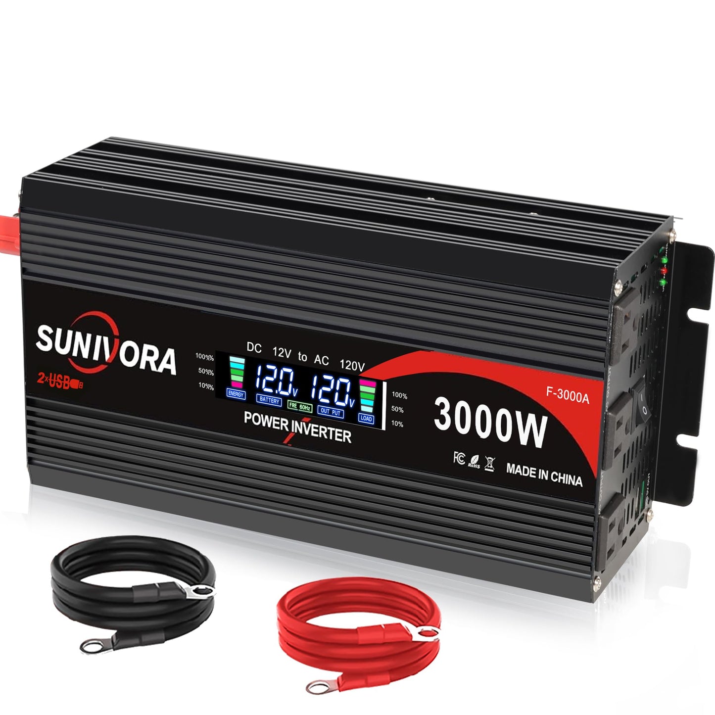 3000 Watt Power Inverter 12V DC to 110V/120V AC Converter 6000W Peak with LCD Display, 3 AC Outlets & 2 USB Ports Power Inverters for Vehicles Car Truck Boat RV Camping Solar System EPS