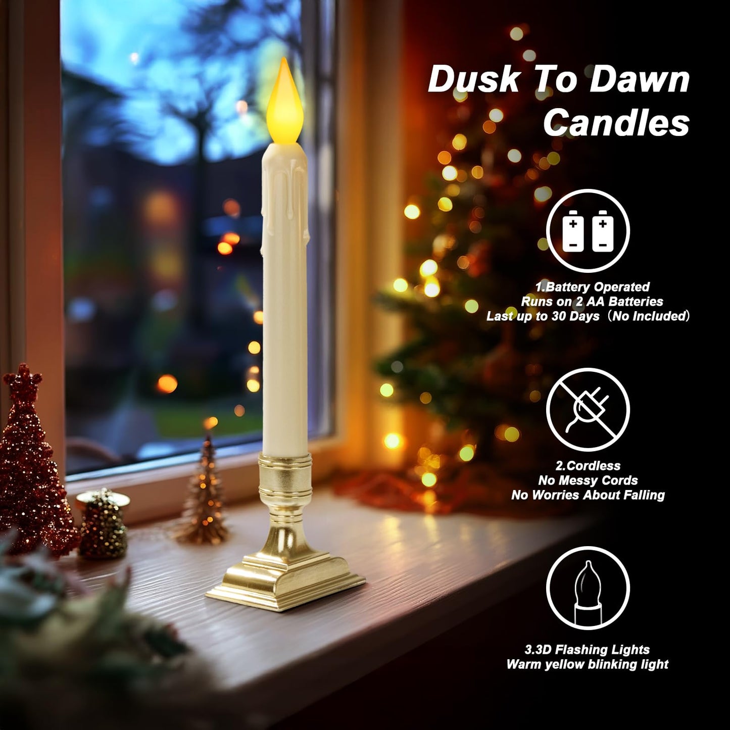 Meigic 6 Pcs Sensor Dawn to Dusk Window Candles, Flickering Battery Candles for Windows, Ultra Bright Fake Candle Lights with Gold Holders, Led Candlesticks for Xmas Home Decor, Warm Yellow Light