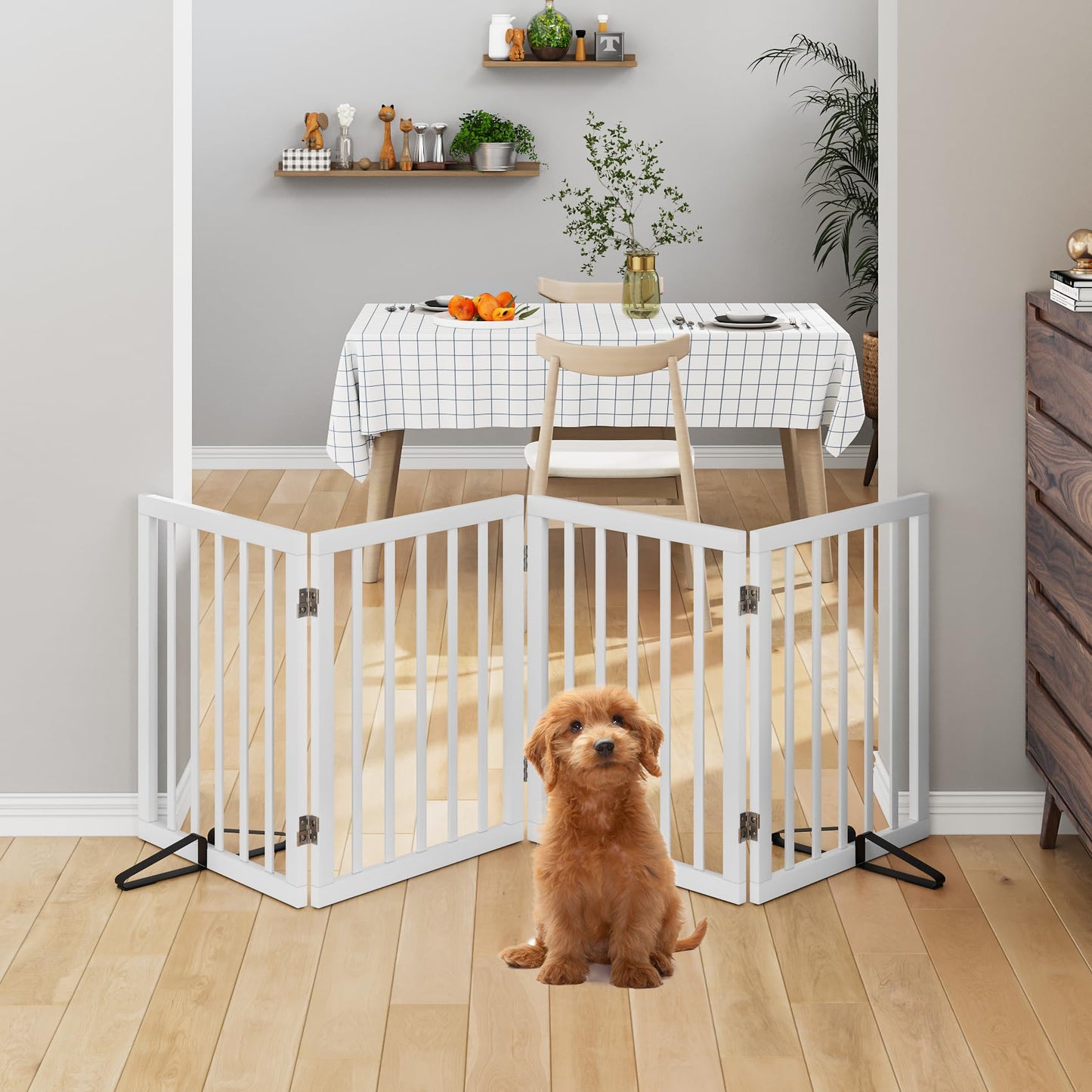 Wooden Dog Gate Freestanding Foldable Pet Gate 4 Panel Fully Assembled Dog Gates for Doorways House Stairs