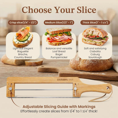 COOKEERS Adjustable Sourdough Bow Bread Knife – Large Bread Slicer for Homemade Bread with Serrated Stainless Steel Blade&Precision Thickness Guide, Even Slice Cutter for Baguettes, Bagels.