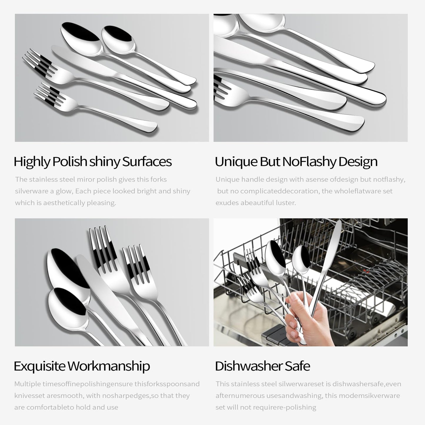 20 Piece Silverware Set,Stainless Steel Flatware Set for 4,Mirror Polished Modern Cutlery include Fork Knife Spoon Set,Dishwasher Safe for Home, Restaurant, Wedding, Party Cutlery