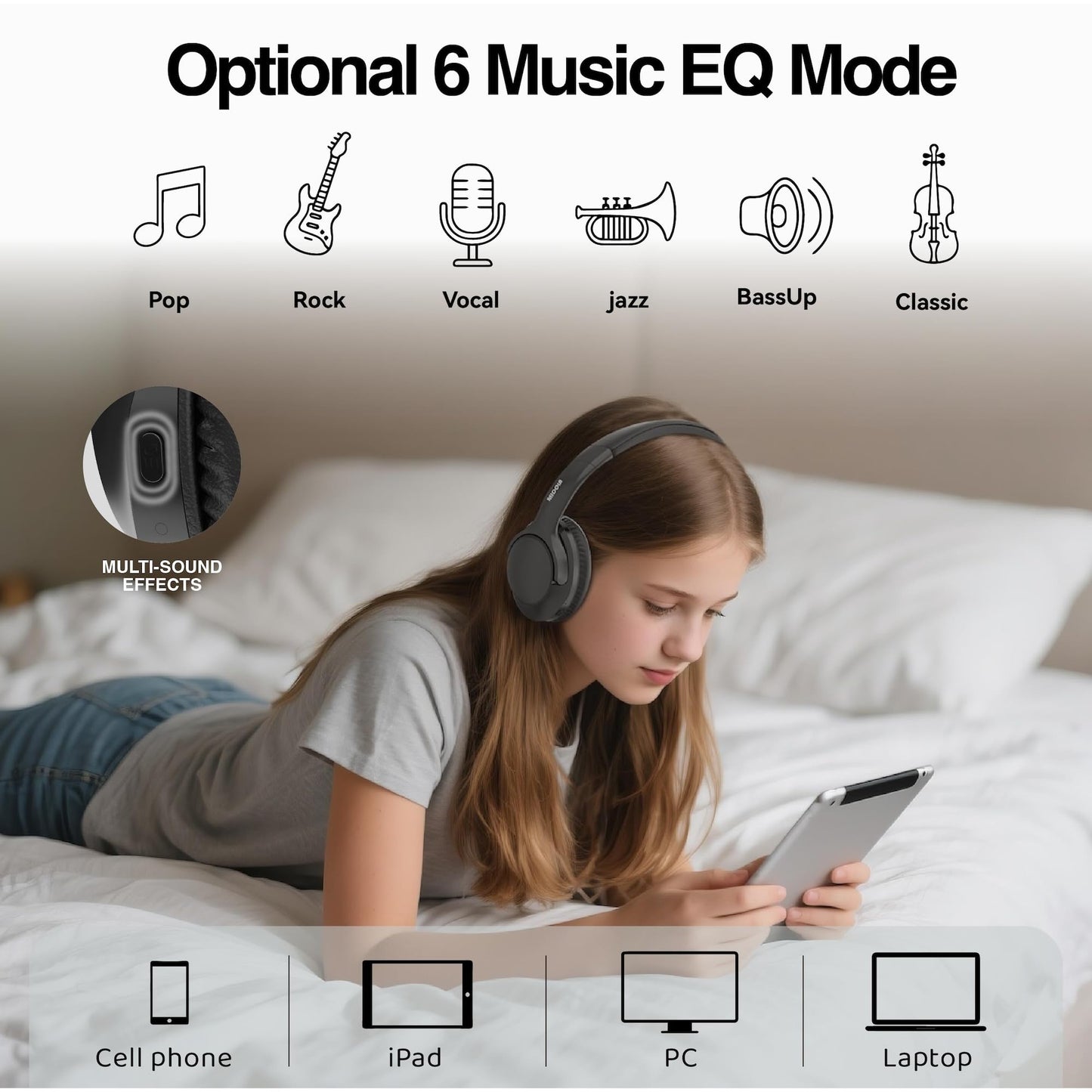 MIDOLA Bluetooth Headphones Over Ear 68H Playtime 6 EQ Wireless Headset with Microphone HiFi Stereo Foldable Lightweight Deep Bass for Travel Home Office Cellphone Black