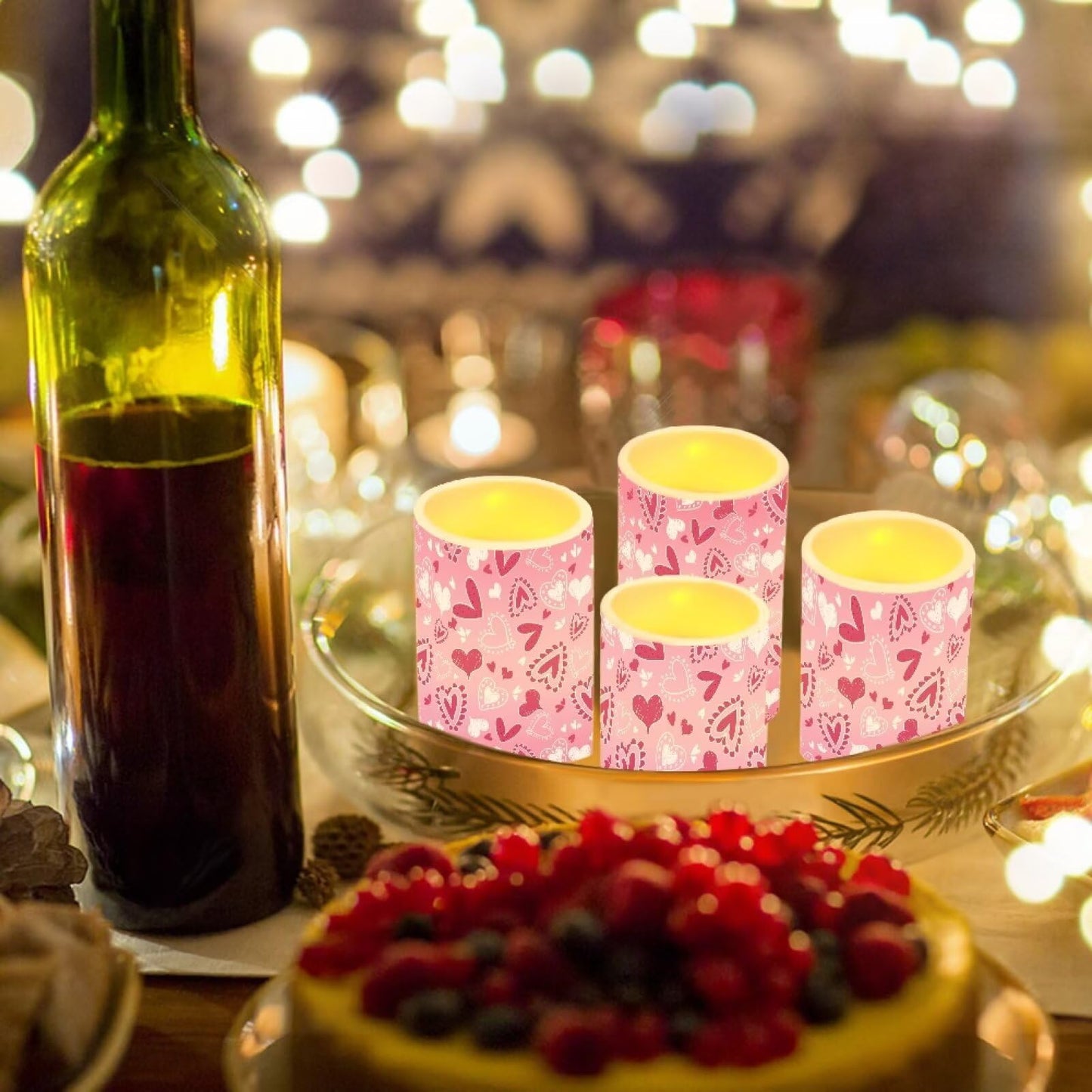 NETILGEN Pink Love Hearts 4 Pcs Flameless Electric Candles LED Pillar Candles with Remote Timer Control for Valentine's Day Decoration