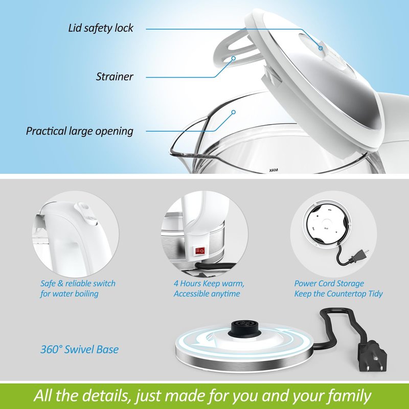 NISVITU Glass & Stainless Steel Cordless Electric kettle for boiling water, Hot water boiler Electric Tea Kettle automatic shut off Boil-Dry Protection, PC Outer + Glass Inner, 1500W, 1.7L, WH
