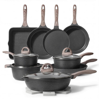 JEETEE Pots and Pans Set Non Stick 23pcs, Healthy Kitchen Cookware Sets, Induction Cooking Set W/Gray Frying Pans, Saucepans, Sauté & Griddle & Crepe Pan (PFOA, PFAS Free)