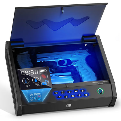 MOLICAR Gun Safe, Biometric Gun Safes for Handgun with LCD of Temp Humidity Battery, USB-C Port, Fingerprint Quick Access Pistol Safe for Home Bedside Nightstand Car