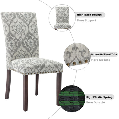 COLAMY Upholstered Parsons Dining Chairs Set of 4, Fabric Dining Room Kitchen Side Chair with Nailhead Trim and Wood Legs - Grey/White Flower