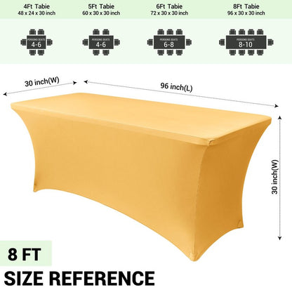 Obstal 8Ft Stretch Spandex Table Cover for Standard Folding Tables - 2 Pack Universal Rectangular Fitted Tablecloth for Party, Banquet, Events, Trade Show (Gold, 96L x 30W x 30H Inches)