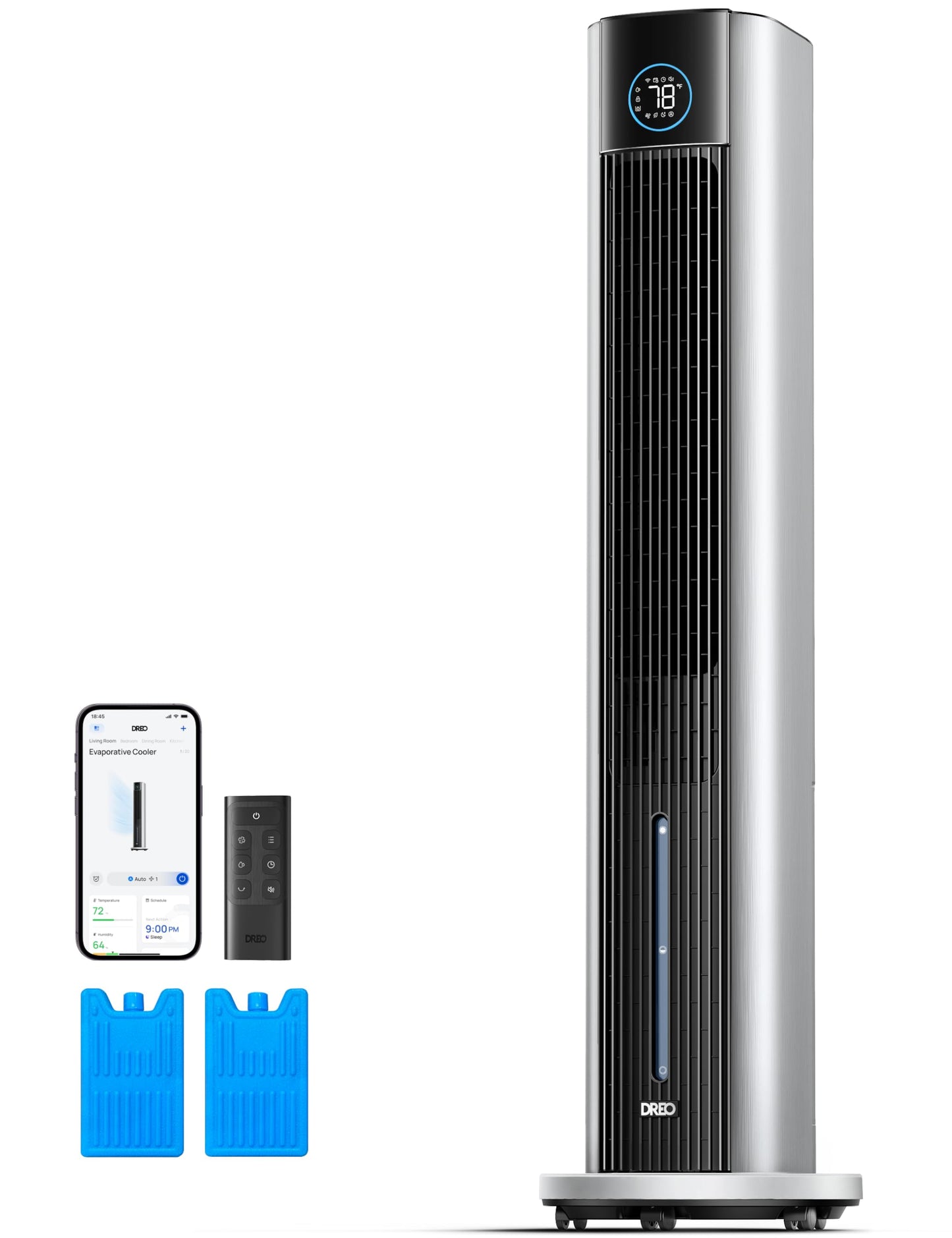 DREO Tower Fan for Bedroom, 43" Cooling Fans That Blow Cold Air 2026 Upgraded, Evaporative Air Cooler, Quiet 80° Oscillating Floor Fan, Easy Cleaning, APP Control, 4 Modes 4 Speeds, 12H Timer, Silver