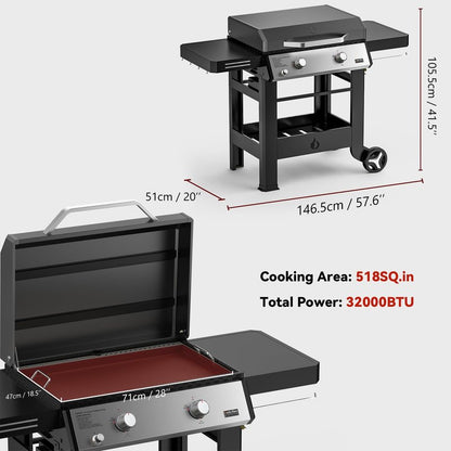ONLYFIRE GRILLS Heavy Duty Propane Gas Griddle with Grill Cover, Premium 2-Burner Flat Top Gas Griddle with 518 sq.in Cooking Area, Foldable Side Tables, for Outdoor Patio Backyard BBQ Party, GS351
