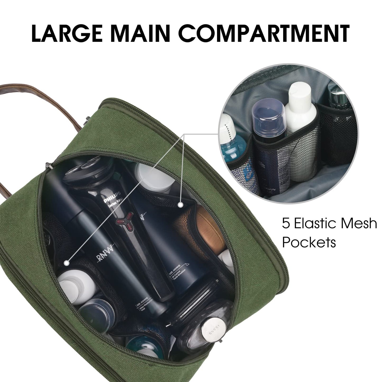 WANDF Travel Toiletry Bag for Men Large Toiletries Shaving Bag Water Resistant Hanging Dopp Kit Travel Accessories Bag for Women Men (Green)
