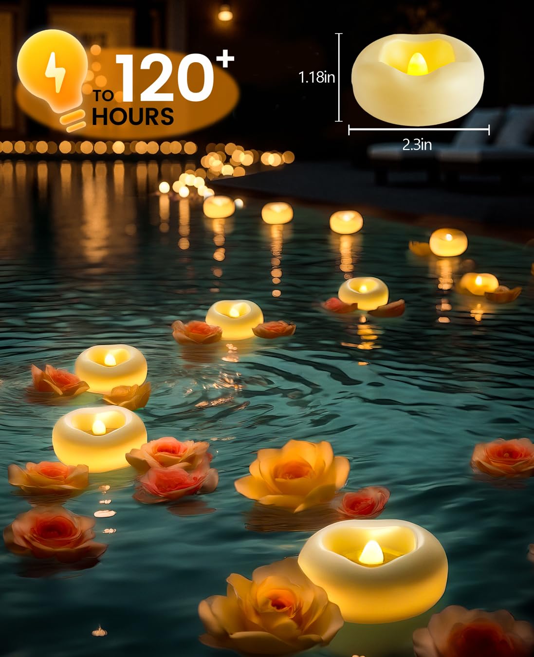 Auemaniliy 48-Pack 2” Floating Candle, 200 Hour Water Activated Warm White Battery Powered Flameless LED Floating Candle Floating for centerpieces/Bathtub/Pool/Fountain
