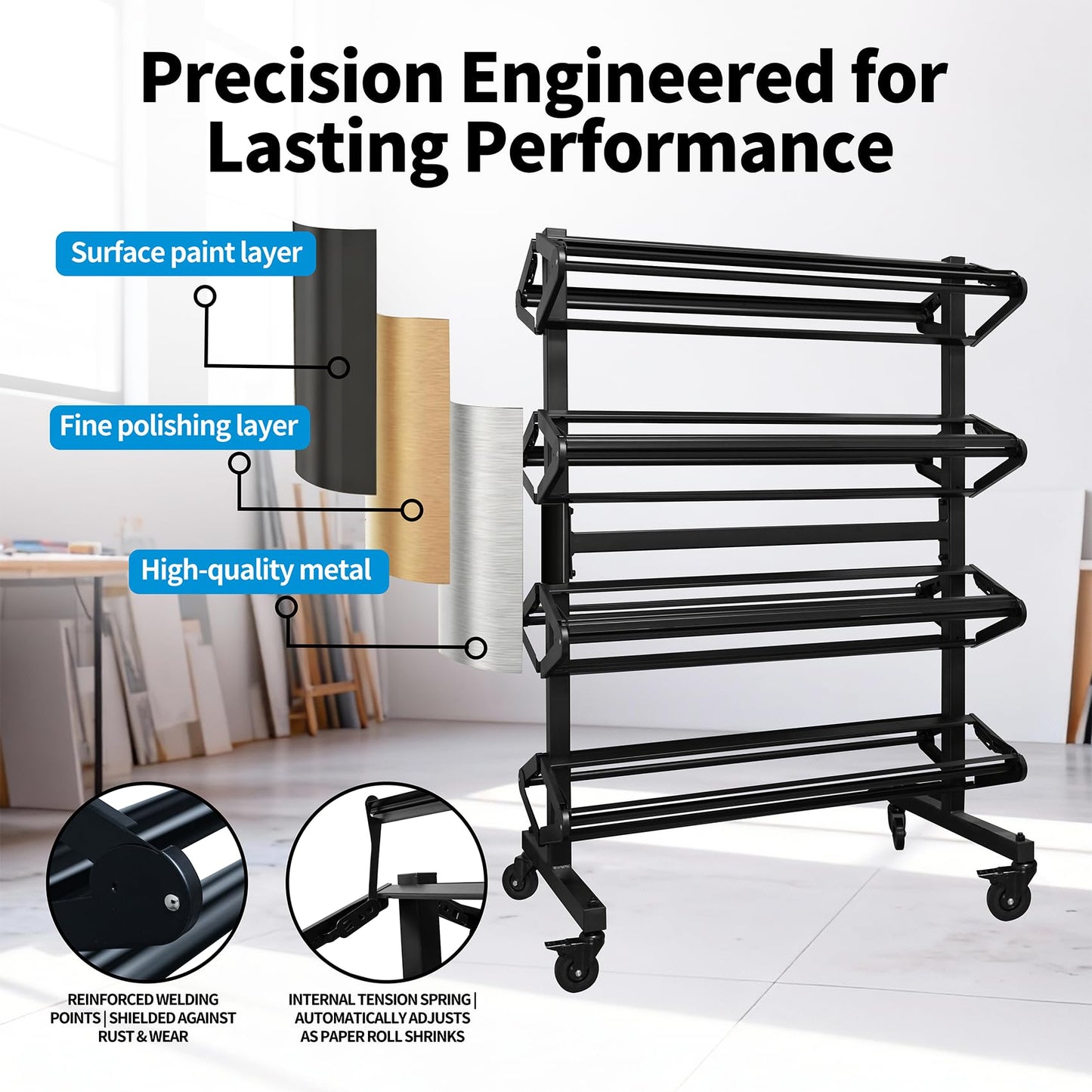 Paper Roll Holder 8-Rack Mobile Large Paper Roll Dispenser for 36 Inch Kraft, Gift Wrap, Art Paper & Vinyl Rolls, Heavy-Duty with Locking Casters for Classroom & Studio Use