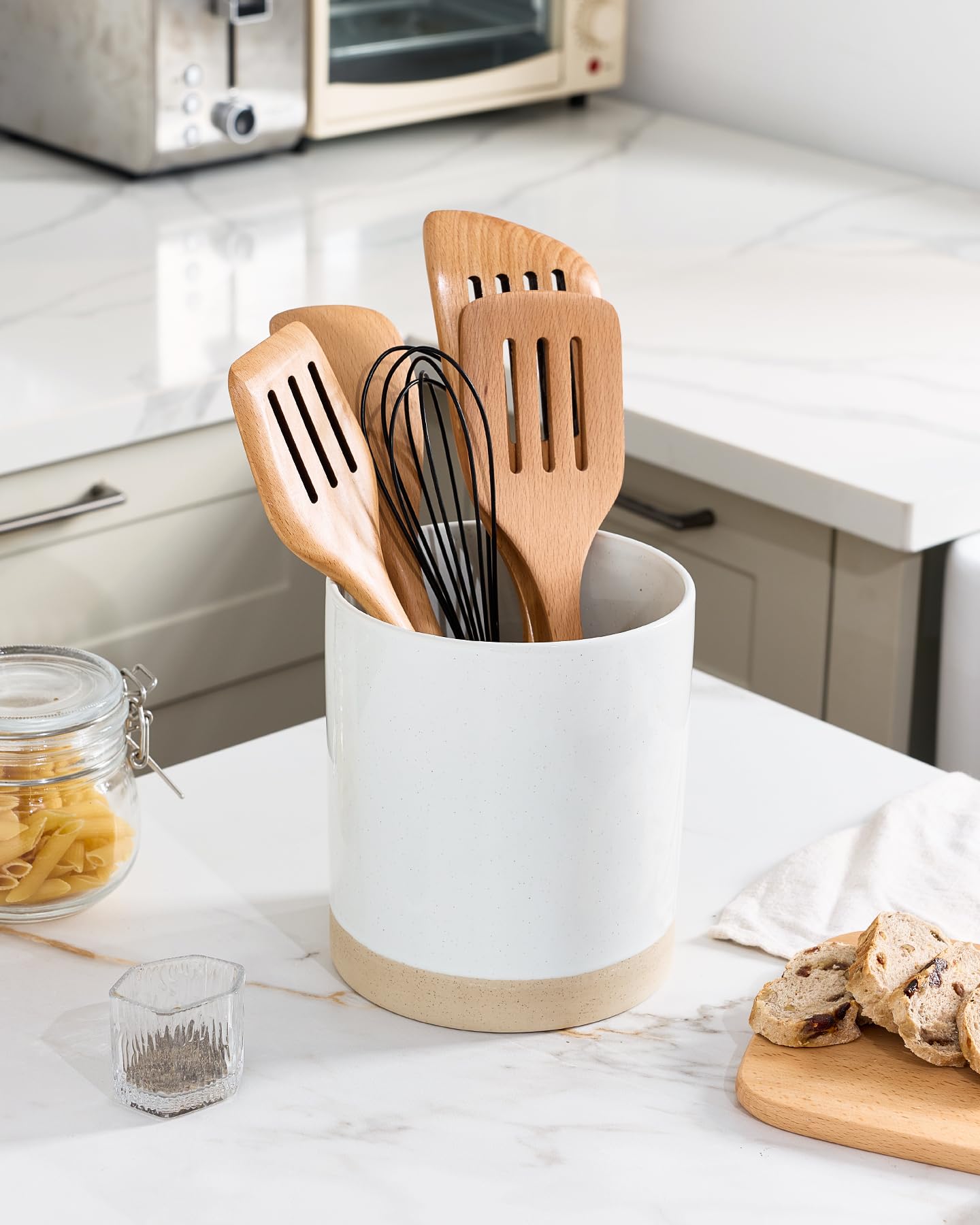 famiware Milkyway Kitchen Utensil Holder for Countertop, 7.2"+5.8" Ceramic Cooking Utensil Crocks for Counter, Utensil Organizer for Spatula & Spoon, Kitchen Decor, Set of 2, White
