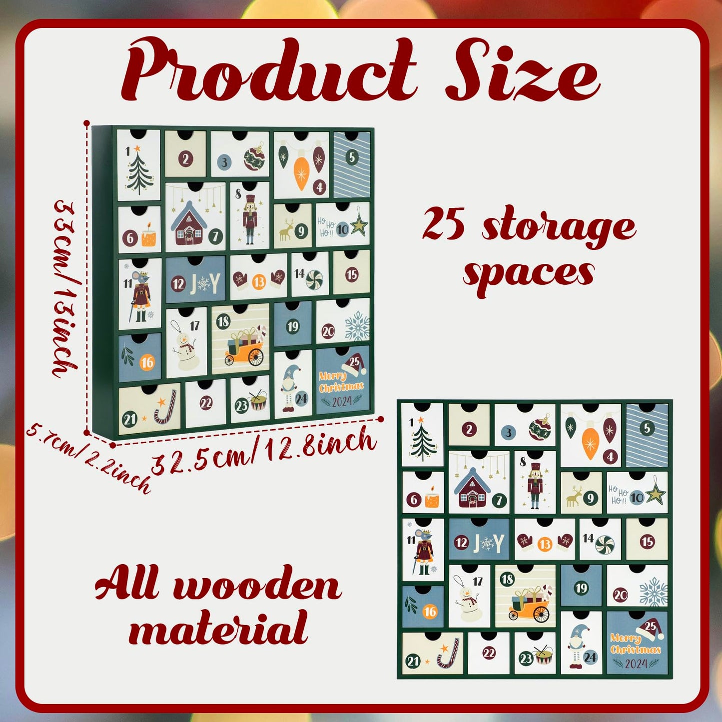 GUOER 2025 Wooden Advent Calendar, 13 Inch Christmas Advent Calendar with 25 Large Drawers, Christmas Countdown Calendar, Premium Wood Hand Painted Refillable Advent Cute Holiday Decoration (Green)
