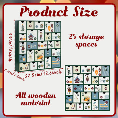 GUOER 2025 Wooden Advent Calendar, 13 Inch Christmas Advent Calendar with 25 Large Drawers, Christmas Countdown Calendar, Premium Wood Hand Painted Refillable Advent Cute Holiday Decoration (Green)